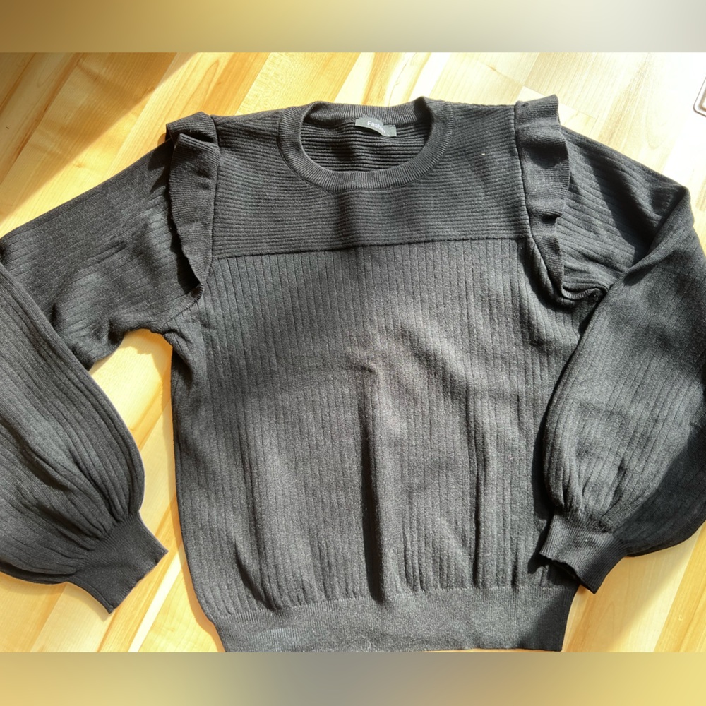 Black Ribbed Sweater with Ruffle Details